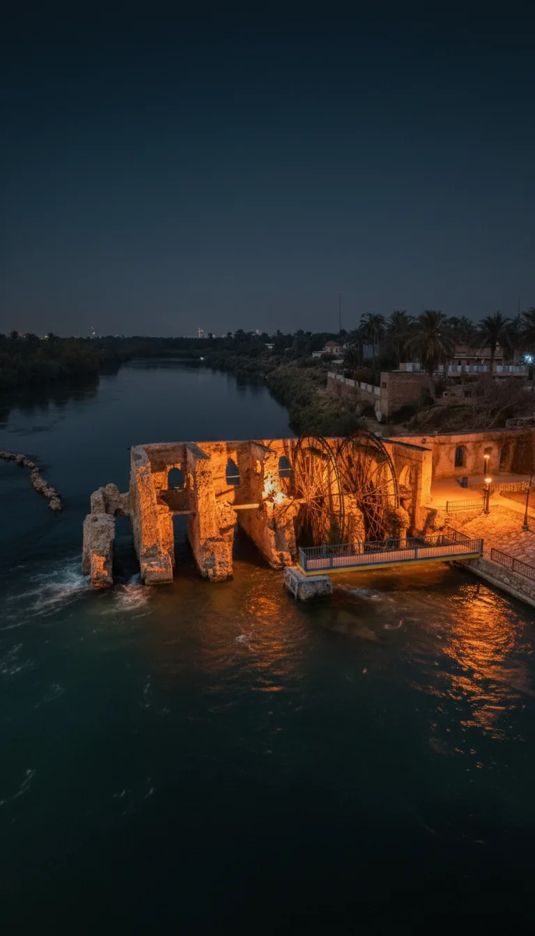 النواعير مضاءة ليلاً على نهر الفرات